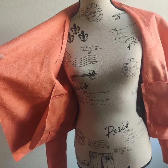 🆕 Bagatelle Bright coral Peach orange vegan faux leather drape-front jacket_XS