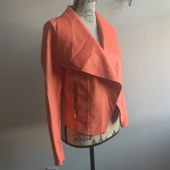 🆕 Bagatelle Bright coral Peach orange vegan faux leather drape-front jacket_XS