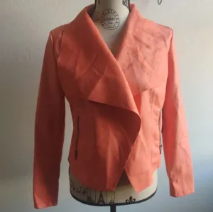 🆕 Bagatelle Bright coral Peach orange vegan faux leather drape-front jacket_XS