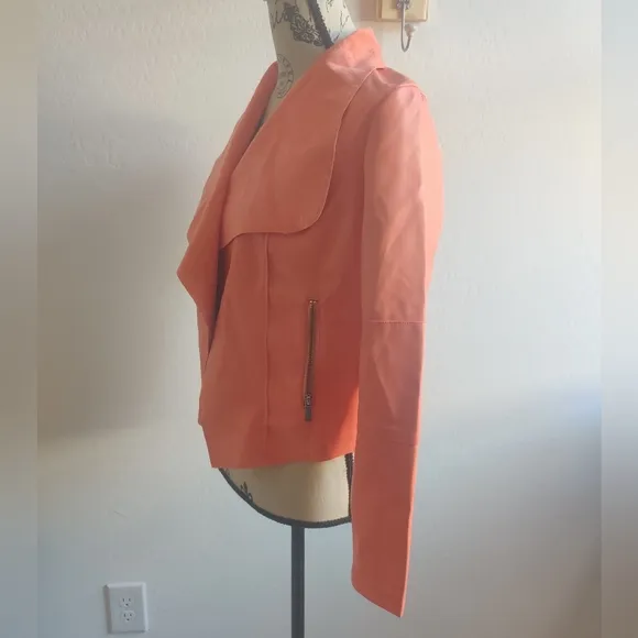 🆕 Bagatelle Bright coral Peach orange vegan faux leather drape-front jacket_XS