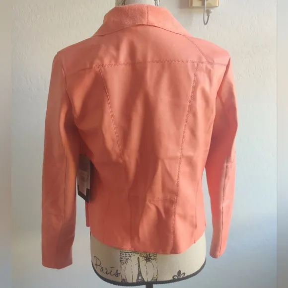 🆕 Bagatelle Bright coral Peach orange vegan faux leather drape-front jacket_XS