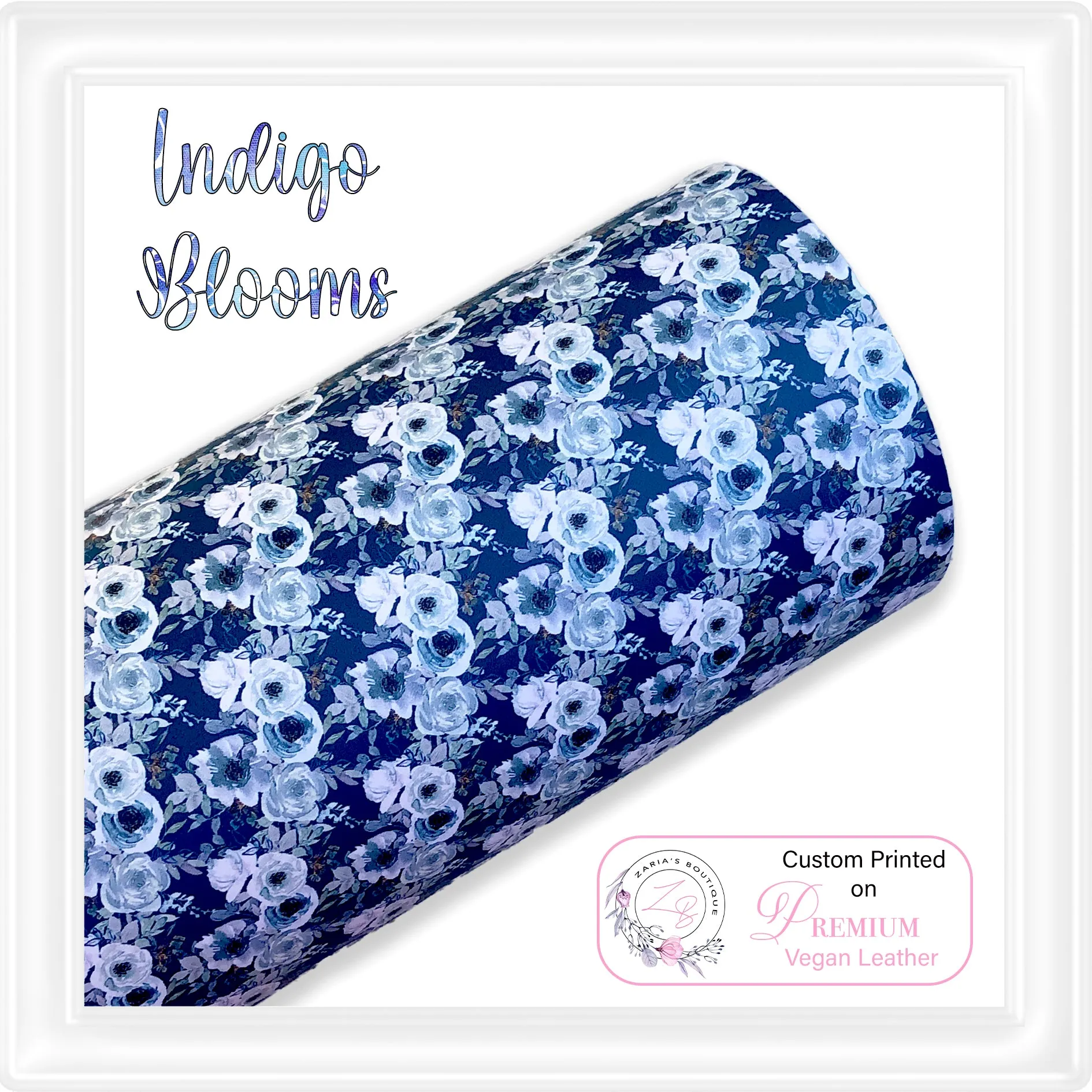 ⋅ Indigo Blooms ⋅ Custom Printed Premium Vegan Faux Leather ⋅ 