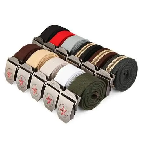 120CM Men Canvas Belt Pentastar Thickening Alloy Buckle Pants Strip