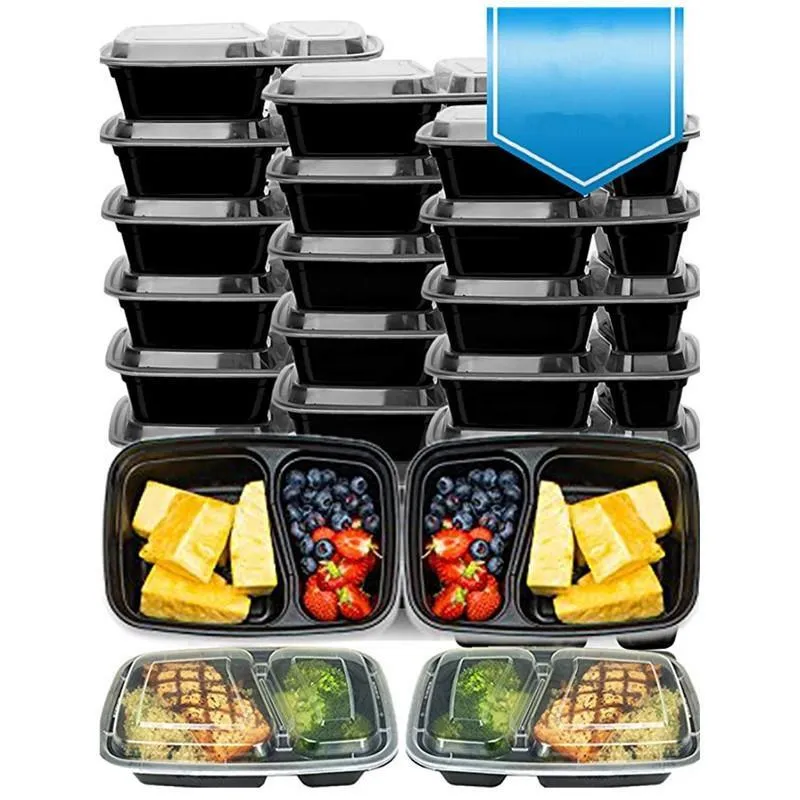 20 Pack Prep Container 2 Compartment Plastic Bento Lunch Box