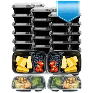 20 Pack Prep Container 2 Compartment Plastic Bento Lunch Box