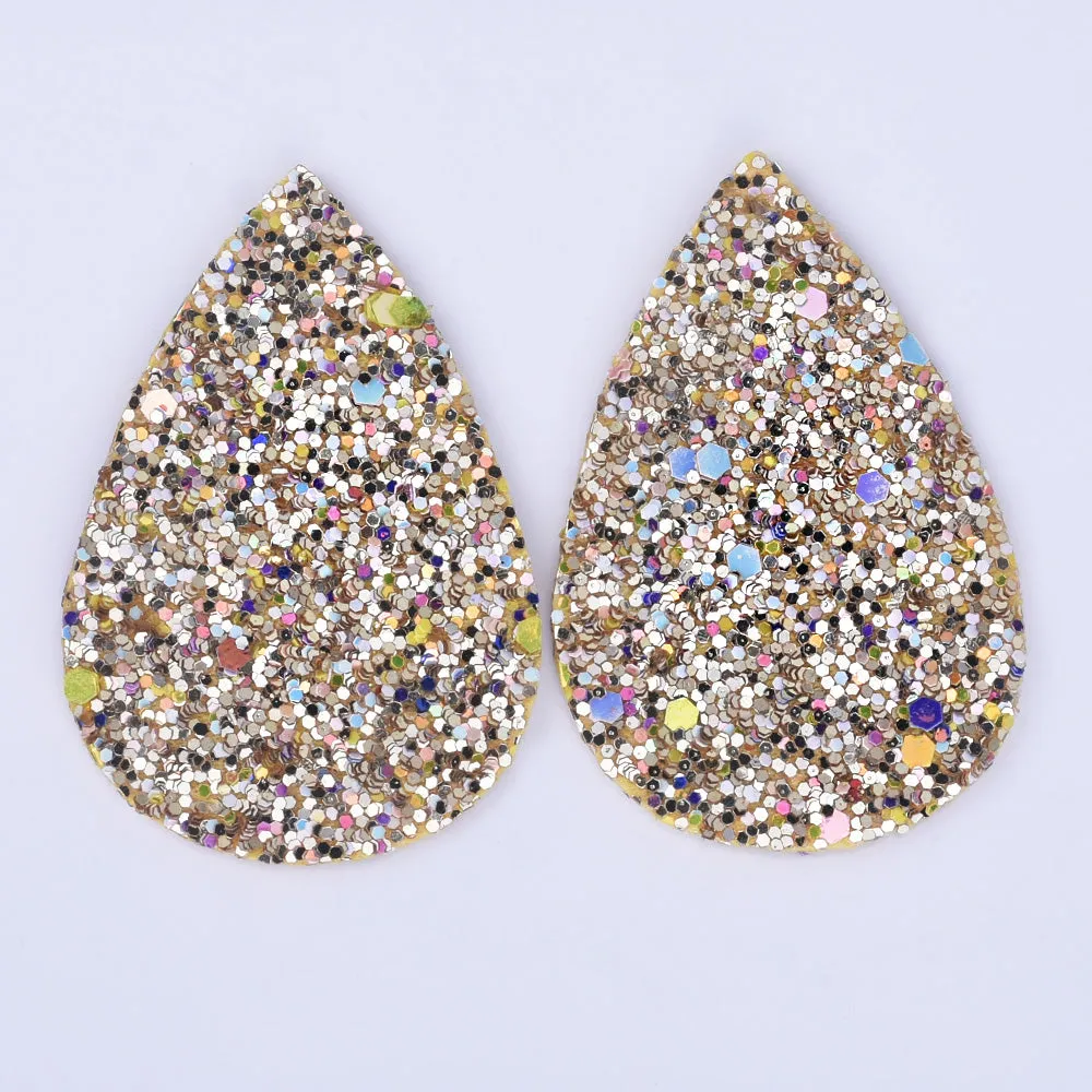 56*38*2mm Multicolor Faux Leather Dangle Charms Pendants PU Leather Glitter Sequined Teardrop charm Great for Light Earrings 4pcs