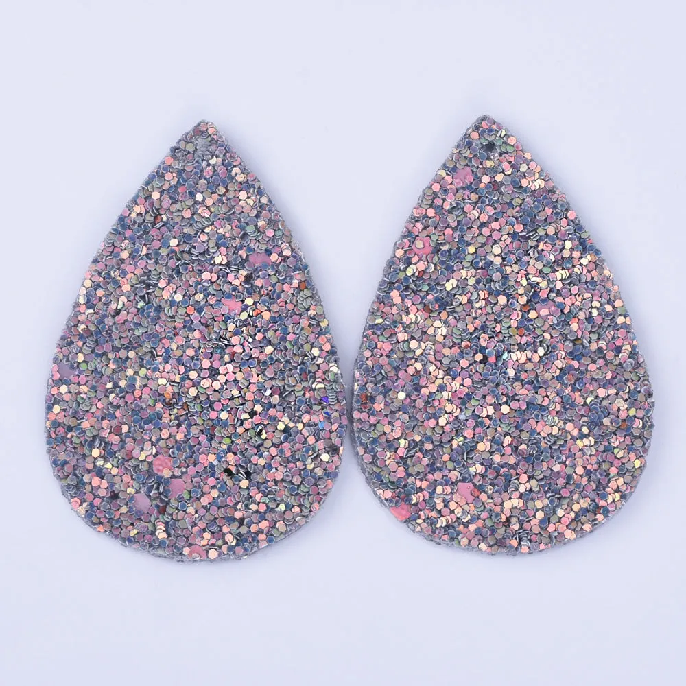56*38*2mm Multicolor Faux Leather Dangle Charms Pendants PU Leather Glitter Sequined Teardrop charm Great for Light Earrings 4pcs