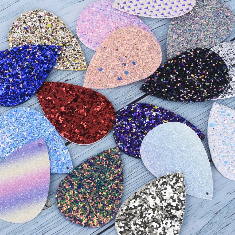 56*38*2mm Multicolor Faux Leather Dangle Charms Pendants PU Leather Glitter Sequined Teardrop charm Great for Light Earrings 4pcs