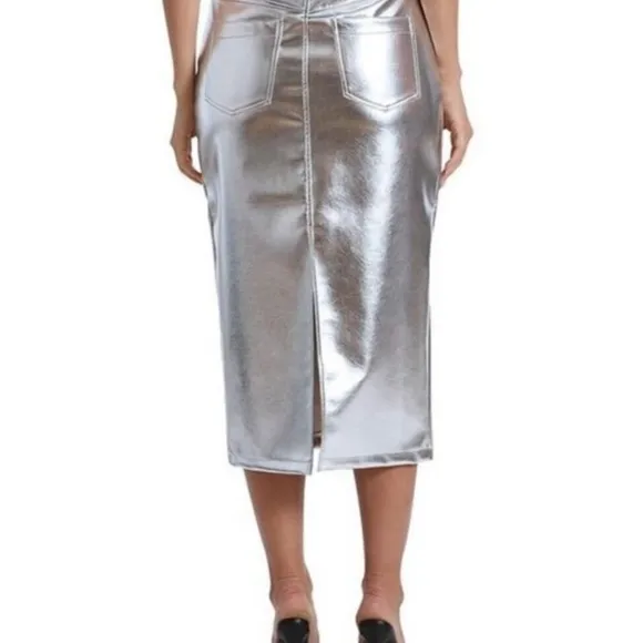 7 for all mankind metallic faux leather midi skirt