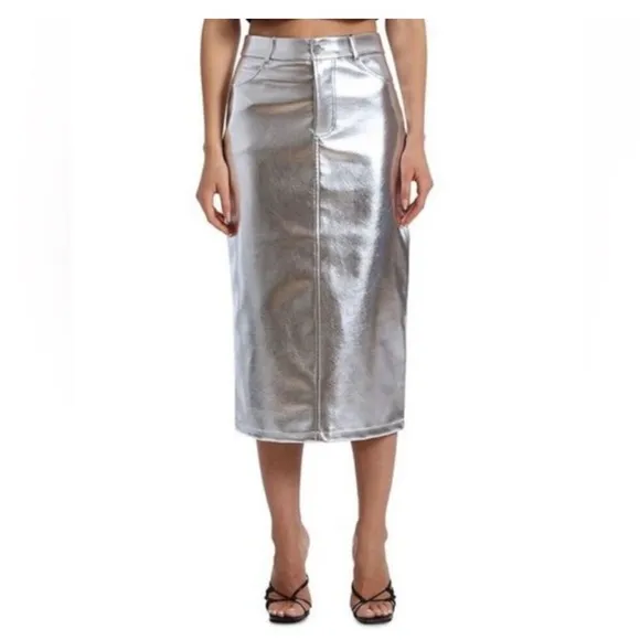 7 for all mankind metallic faux leather midi skirt