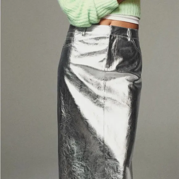 7 for all mankind metallic faux leather midi skirt