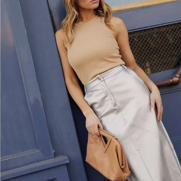 7 for all mankind metallic faux leather midi skirt