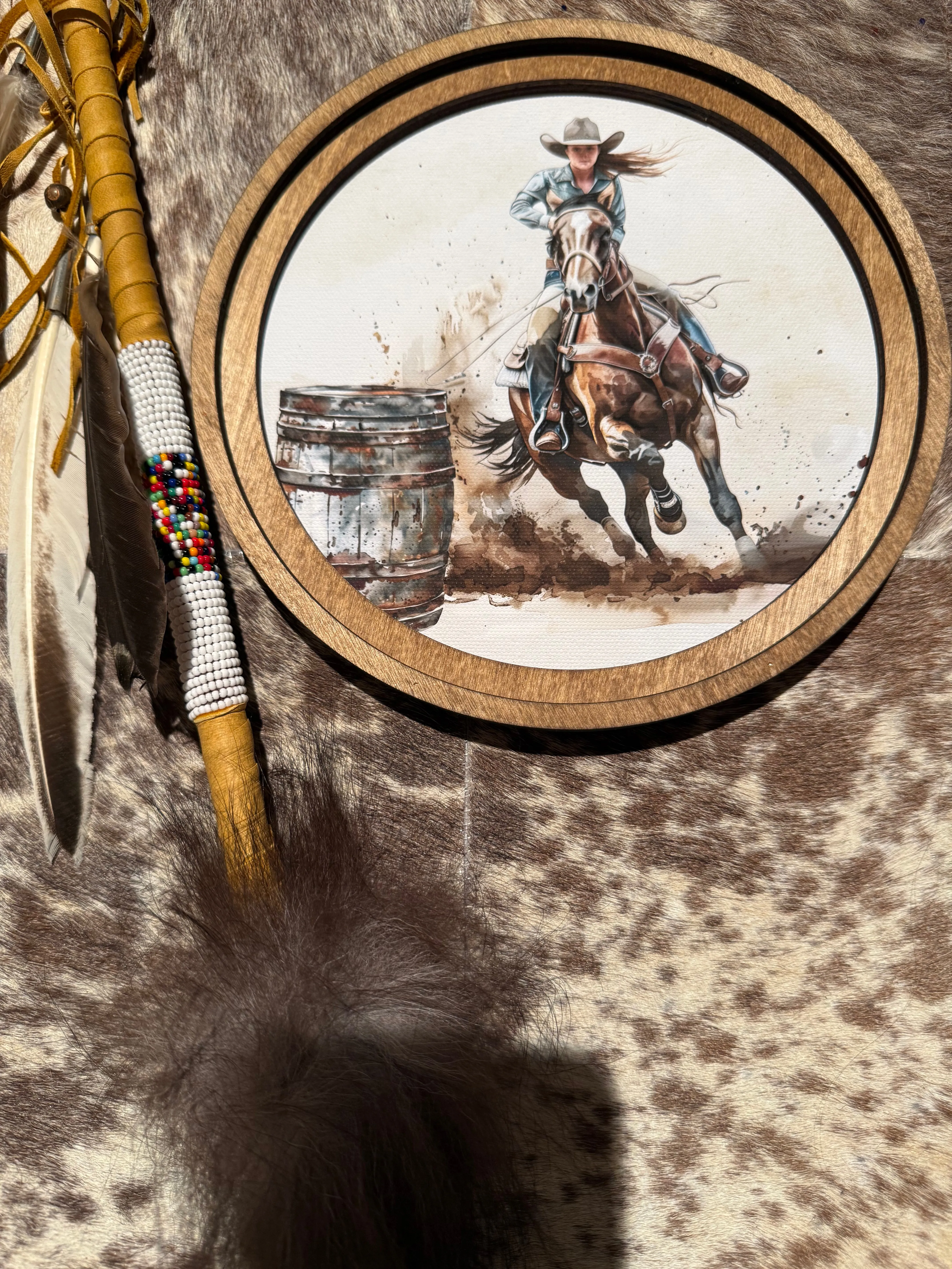 8” round Wood barrel racer art