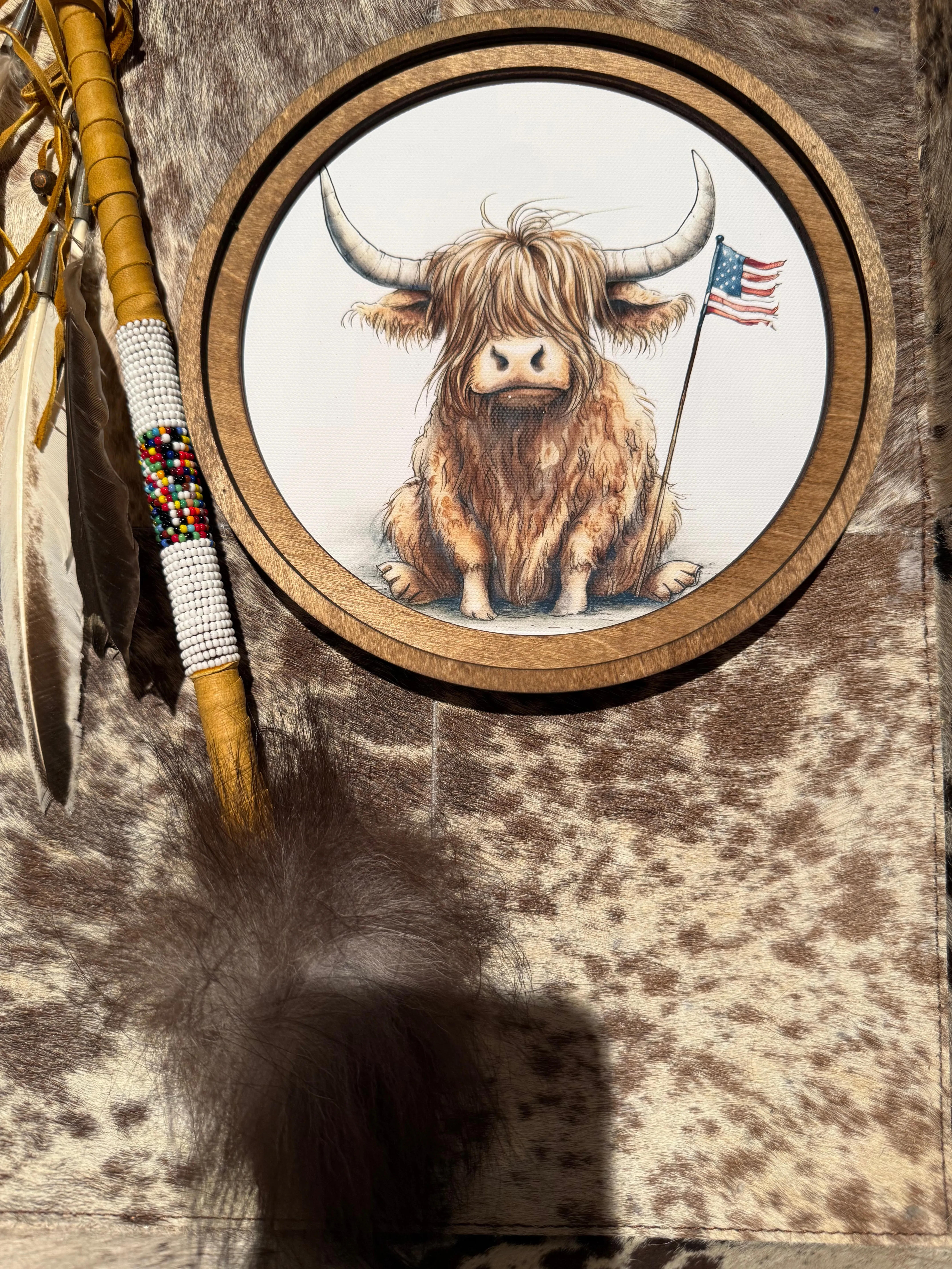 8” round Wood highland flag art