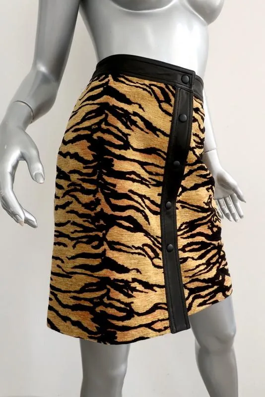 Adam Lippes Tiger Print Jacquard Leather-Trim A-Line Skirt Size 6 NEW