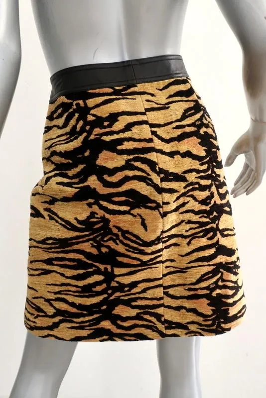 Adam Lippes Tiger Print Jacquard Leather-Trim A-Line Skirt Size 6 NEW
