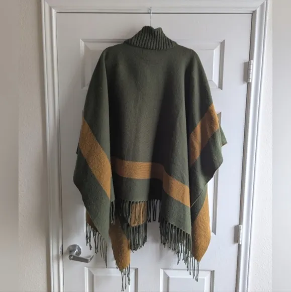 Anthropologie One Size Fringe Funnel Neck Poncho Moss Green &amp; Mustard