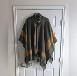 Anthropologie One Size Fringe Funnel Neck Poncho Moss Green &amp; Mustard