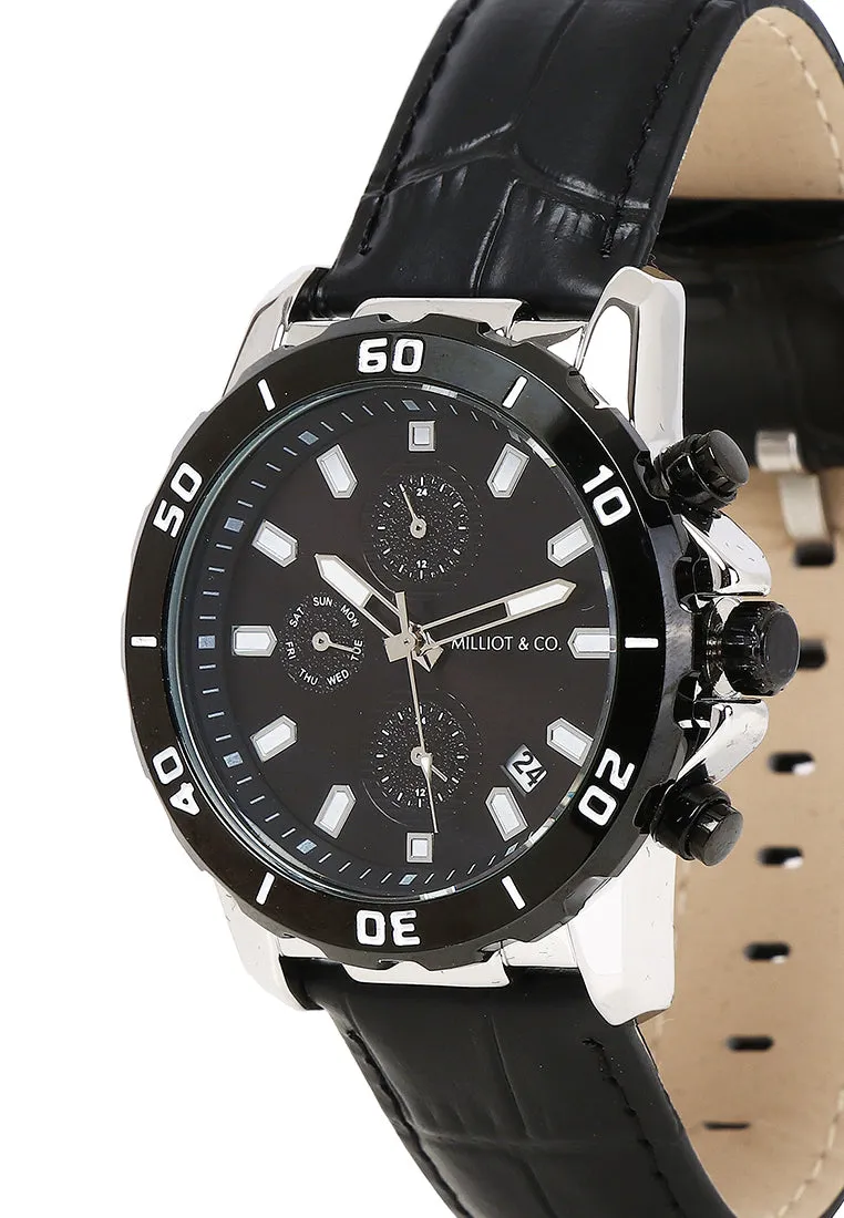 Antonio Silver Leather Watch (Black)