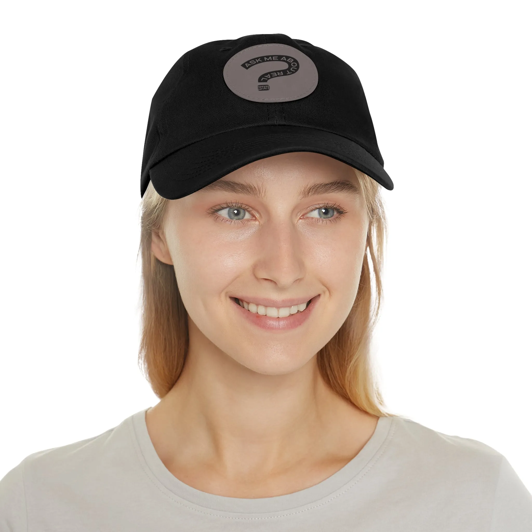 Ask Me About Real Estate Dad Hat with Leather Patch (Round)