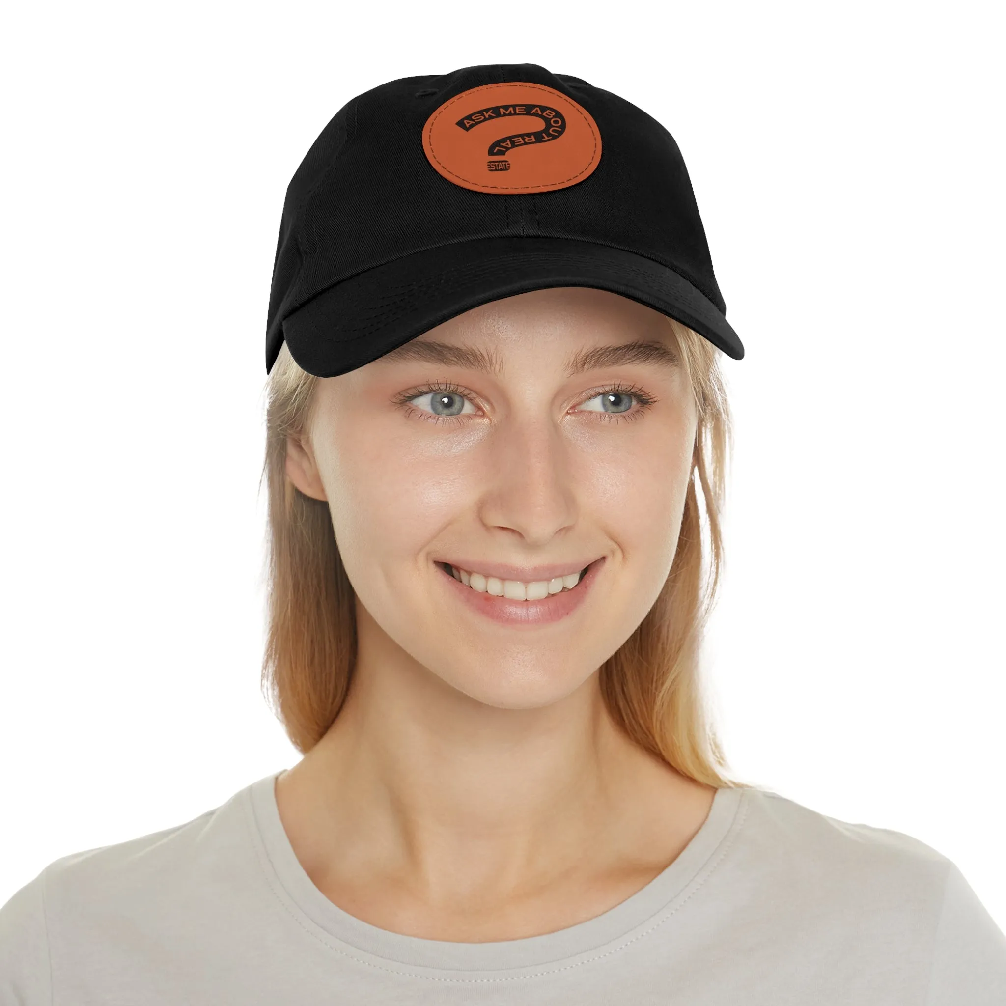 Ask Me About Real Estate Dad Hat with Leather Patch (Round)