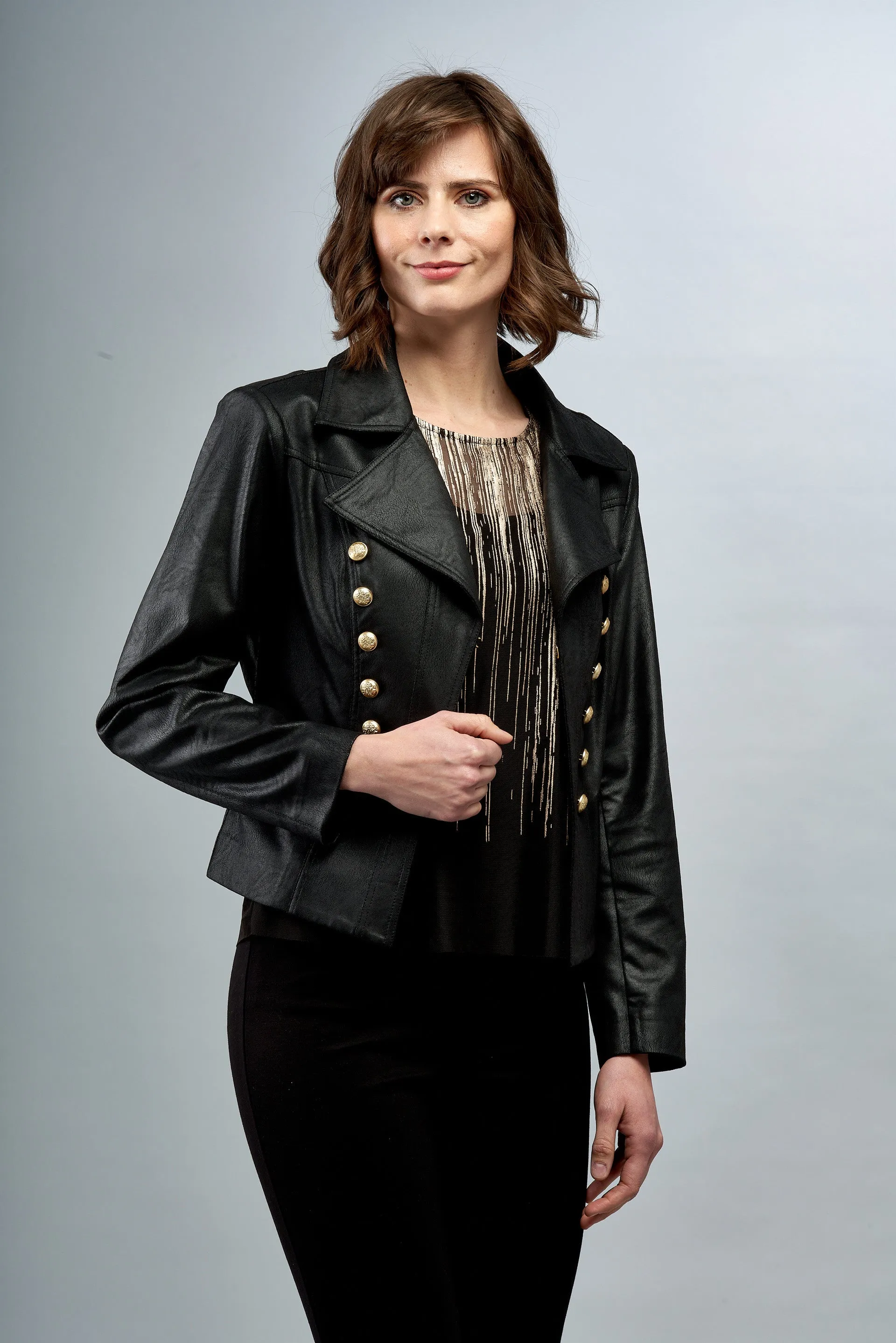 BCJ5726CA Vegan Faux Leather Jacket with Button & Pocket Trim