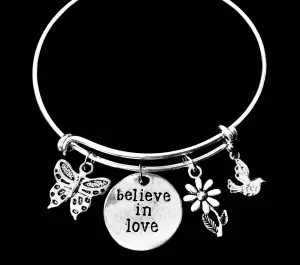 Believe in Love Butterfly Jewelry Adjustable Bracelet Expandable Silver Charm Bangle