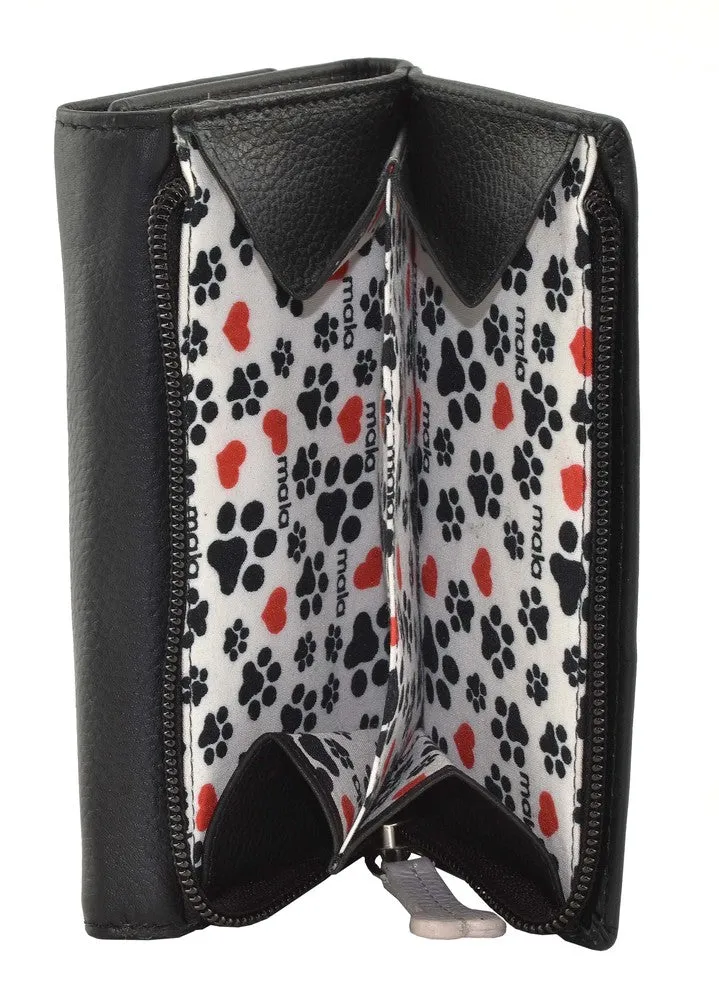 Best Friends Sitting Dogs Tri Fold Purse Black - Mala Leather