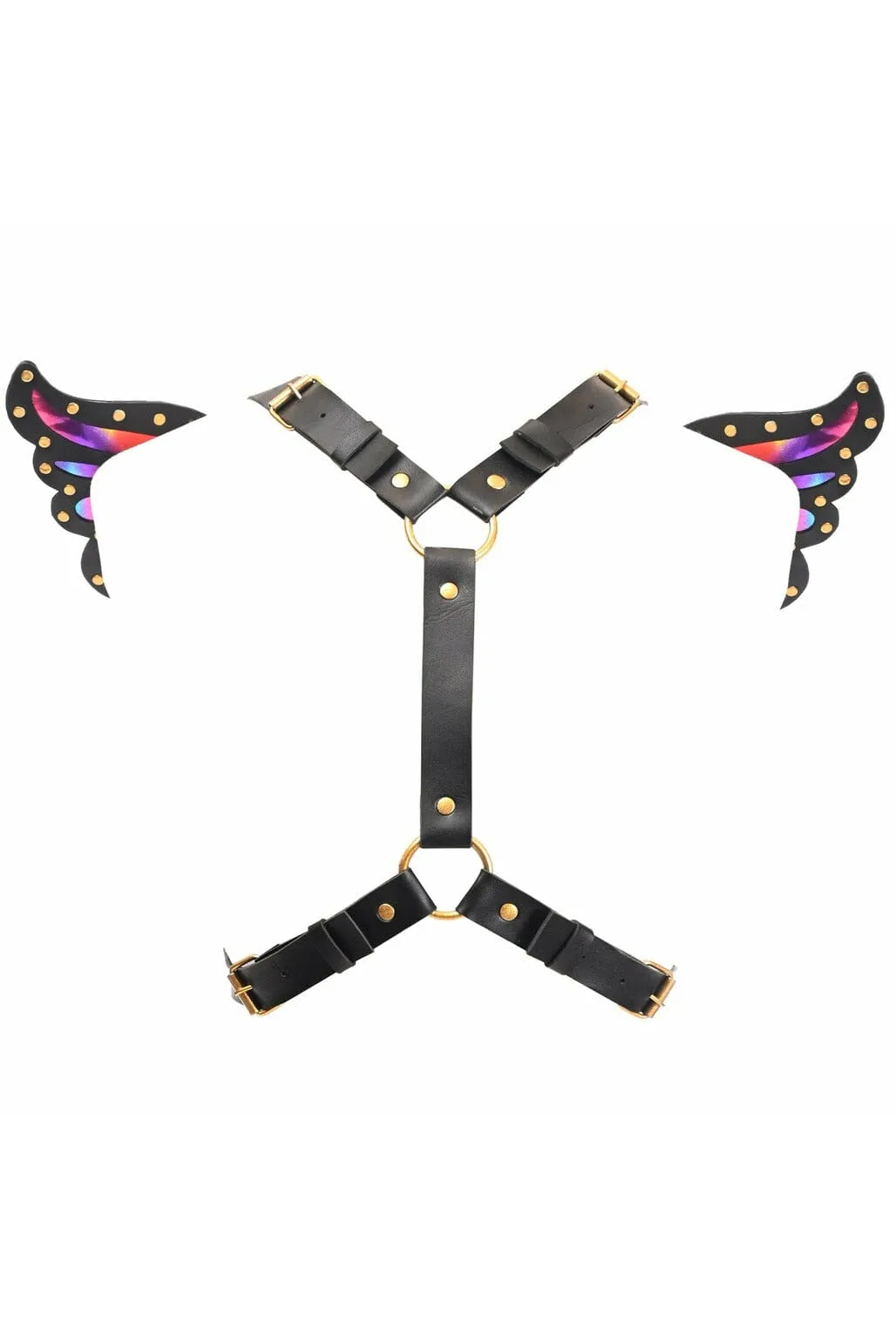 Black Faux Leather & Rainbow Holo Butterfly Wing Harness