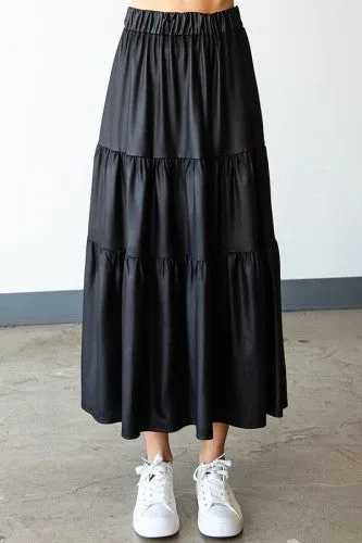 Black Faux Leather Tiered Midi Skirt