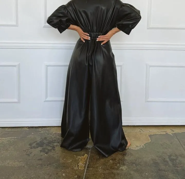 Black Leather Buttoned Pocket Jumpsuit
