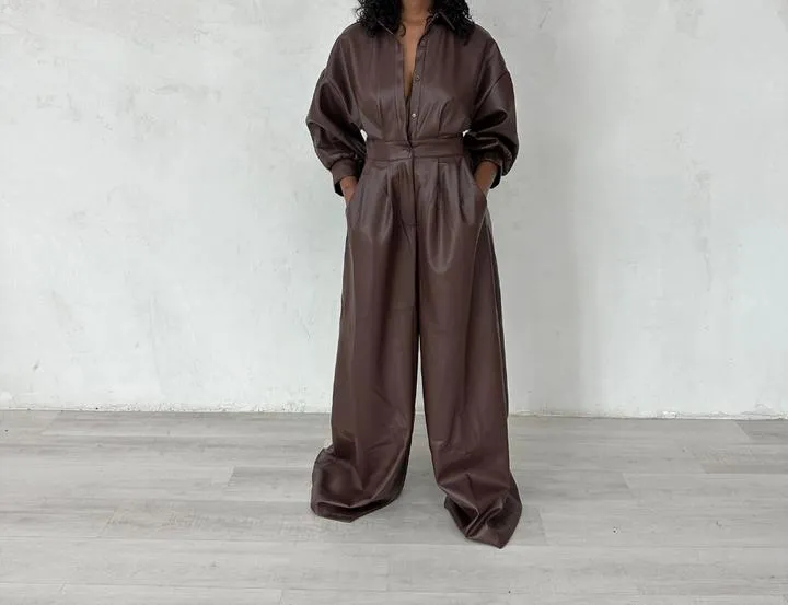 Black Leather Buttoned Pocket Jumpsuit