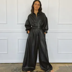Black Leather Buttoned Pocket Jumpsuit