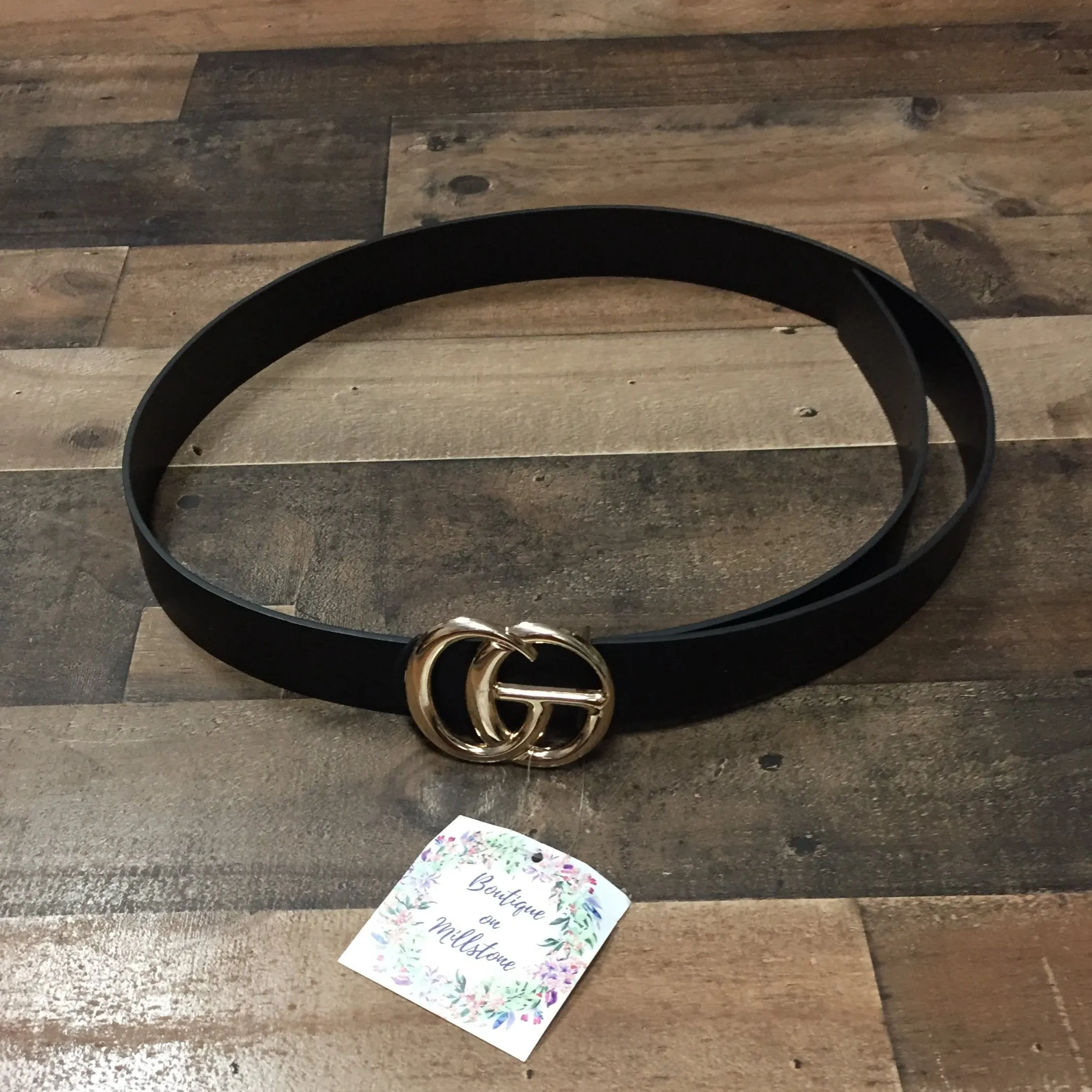 Black / Rose Gold Buckle Double Ring Black Belt - Plus Size
