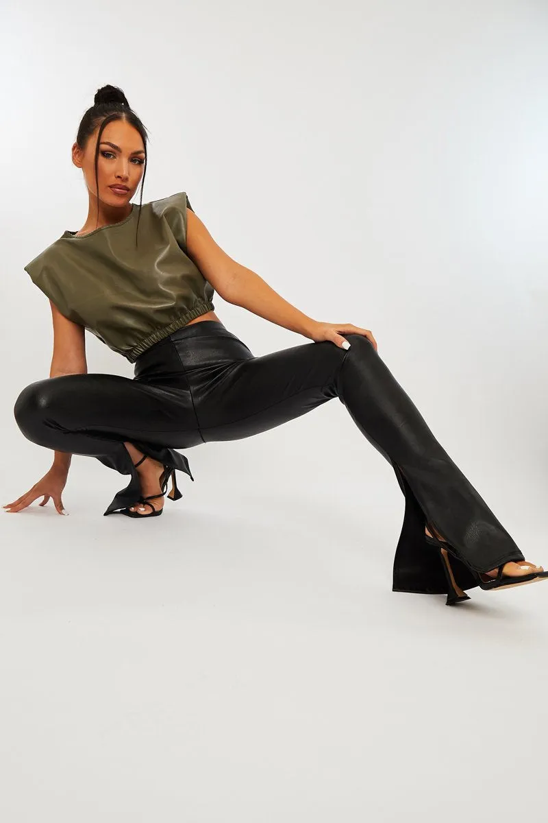 Black Side Split Flared Skinny PU Trouser - Zylah