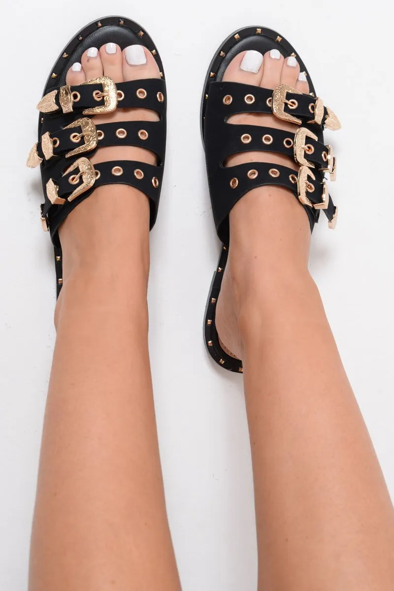 Black Tripe Buckle Western Sliders - Raeven