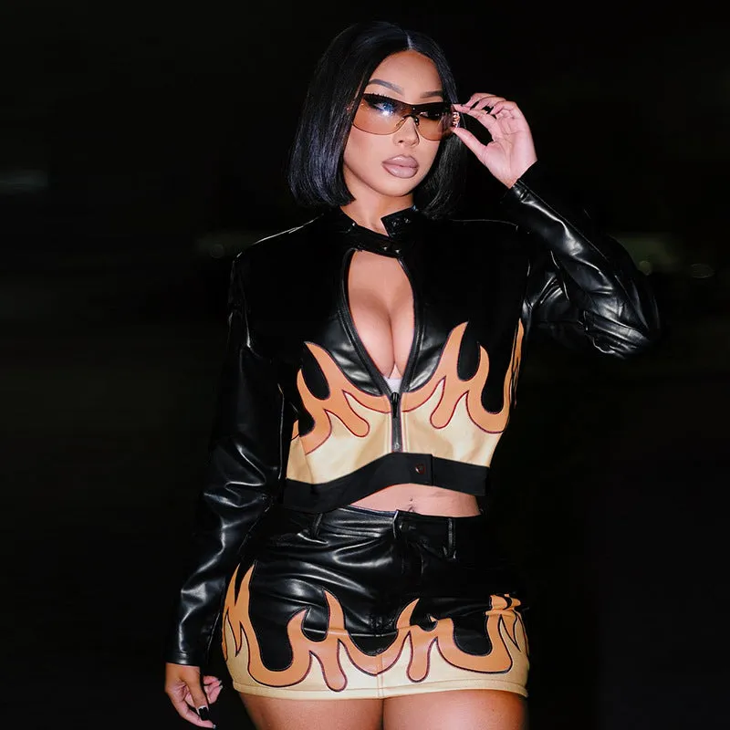 Bold Flame Print PU Leather Jacket and Mini Skirt Two-Piece Set