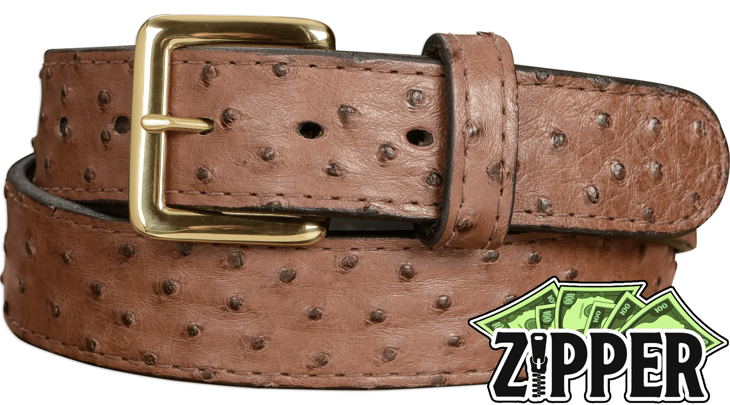 Brown South African Ostrich Skin Money Belt With 25" Zipper