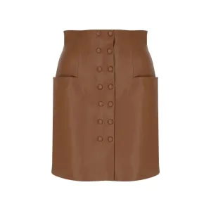 Brown Vegan-Leather Pocket-Detailed Mini Skirt
