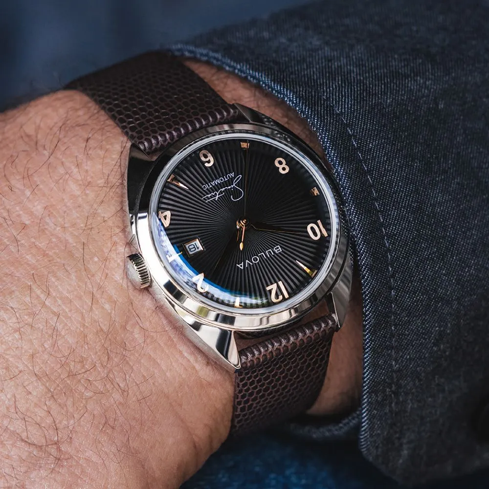 Bulova Men's Frank Sinatra 'Fly Me To The Moon' Brown Leather Strap Black Dial Watch 96B348