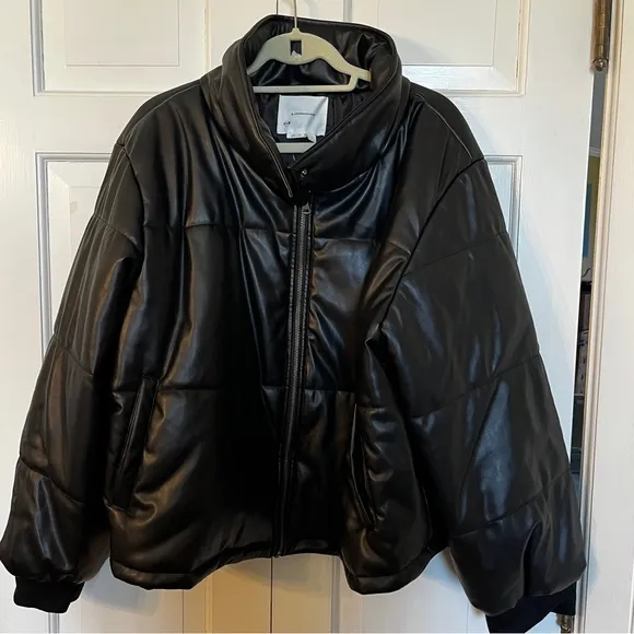 By Anthropologie Faux Leather Puffer Jacket in Black Sz 2X New‎ With Tags