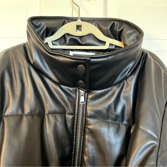 By Anthropologie Faux Leather Puffer Jacket in Black Sz 2X New‎ With Tags