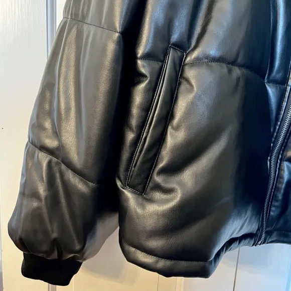 By Anthropologie Faux Leather Puffer Jacket in Black Sz 2X New‎ With Tags