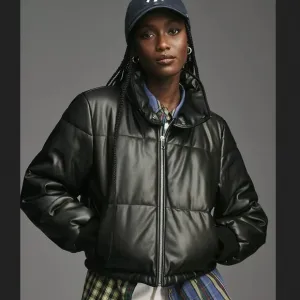 By Anthropologie Faux Leather Puffer Jacket in Black Sz 2X New‎ With Tags
