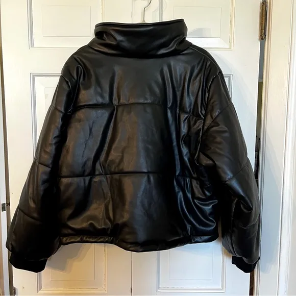 By Anthropologie Faux Leather Puffer Jacket in Black Sz 2X New‎ With Tags