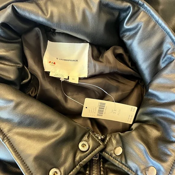 By Anthropologie Faux Leather Puffer Jacket in Black Sz 2X New‎ With Tags