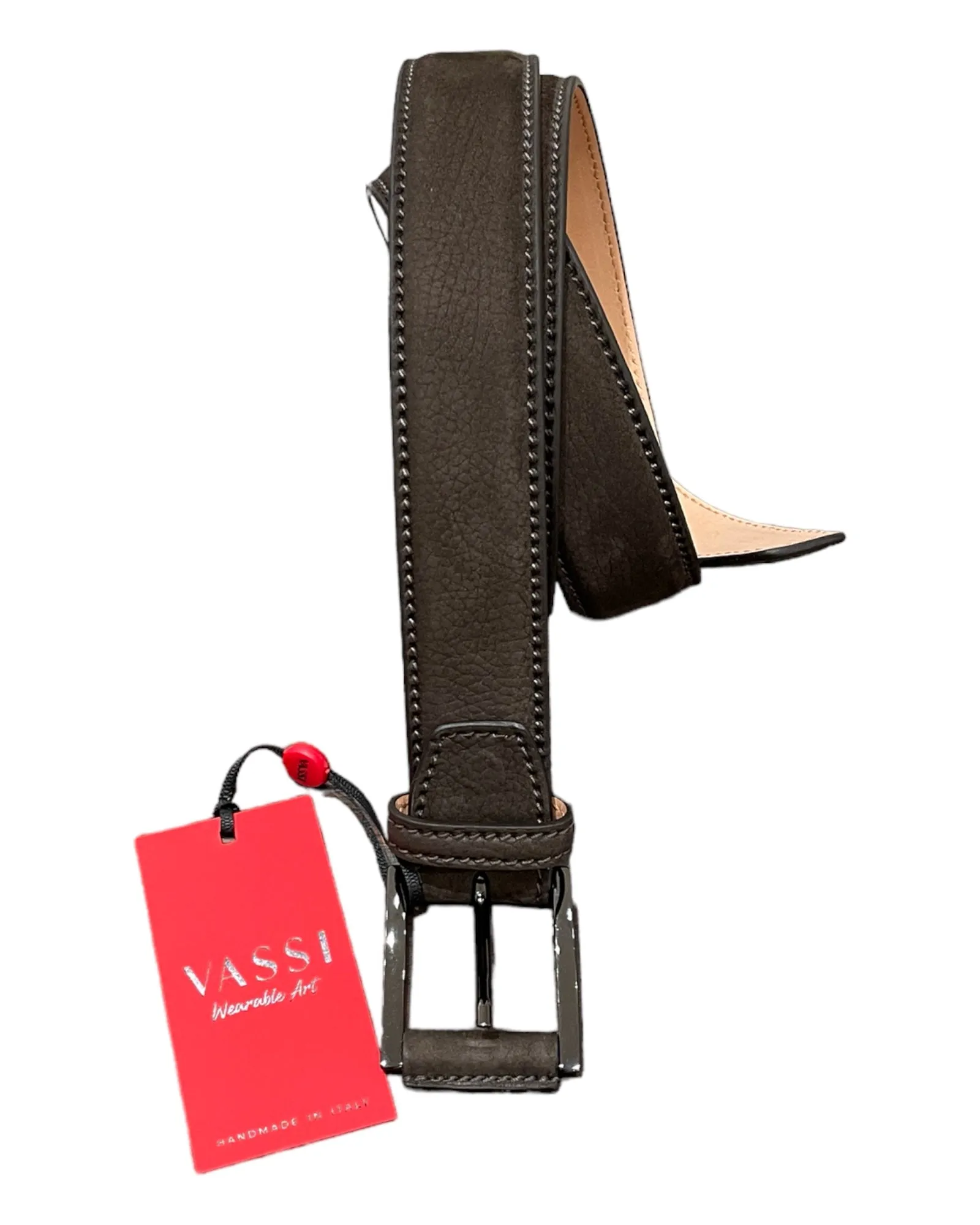 Calf Nubuck Leather Belt - Brown, Silver Buckle