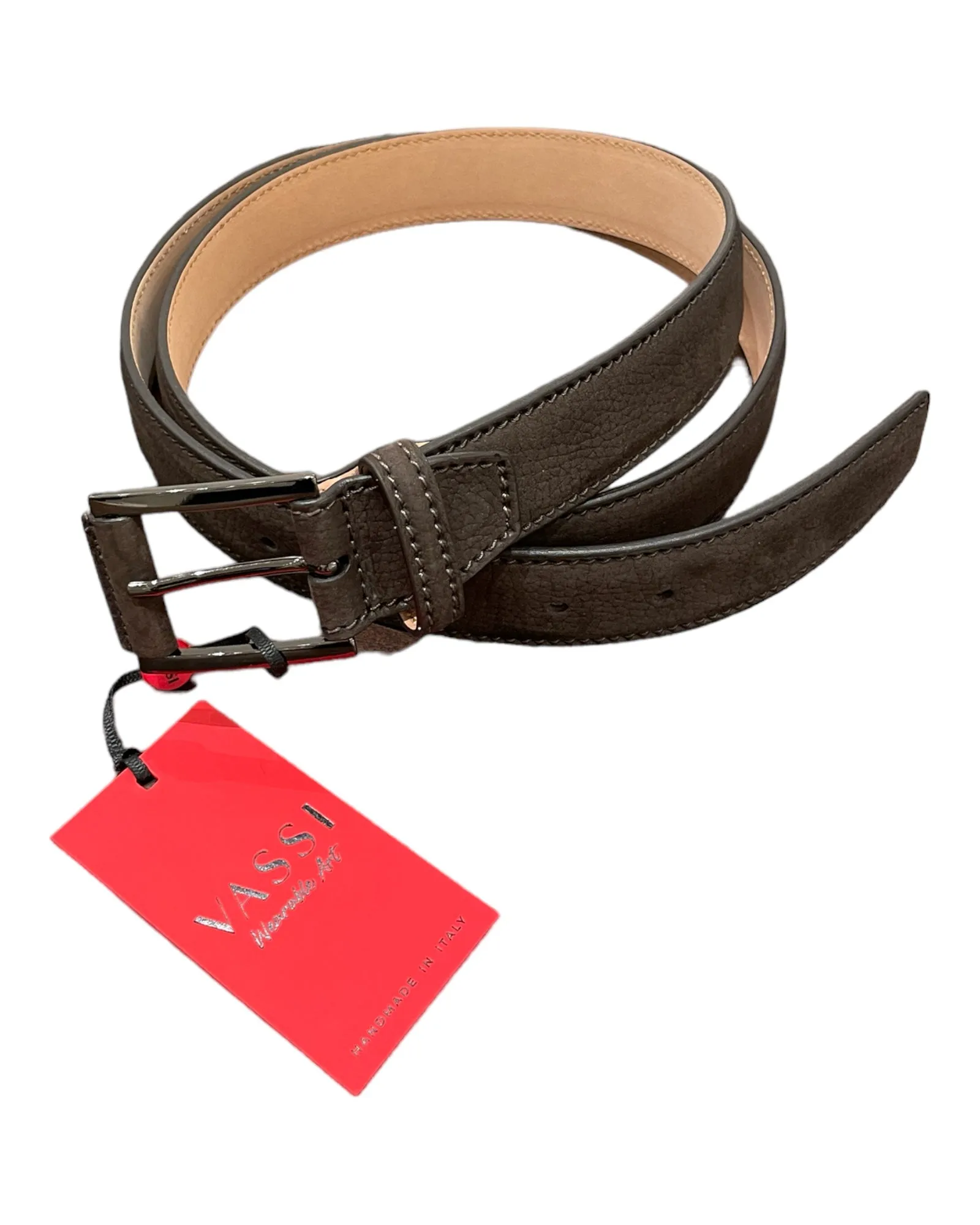 Calf Nubuck Leather Belt - Brown, Silver Buckle