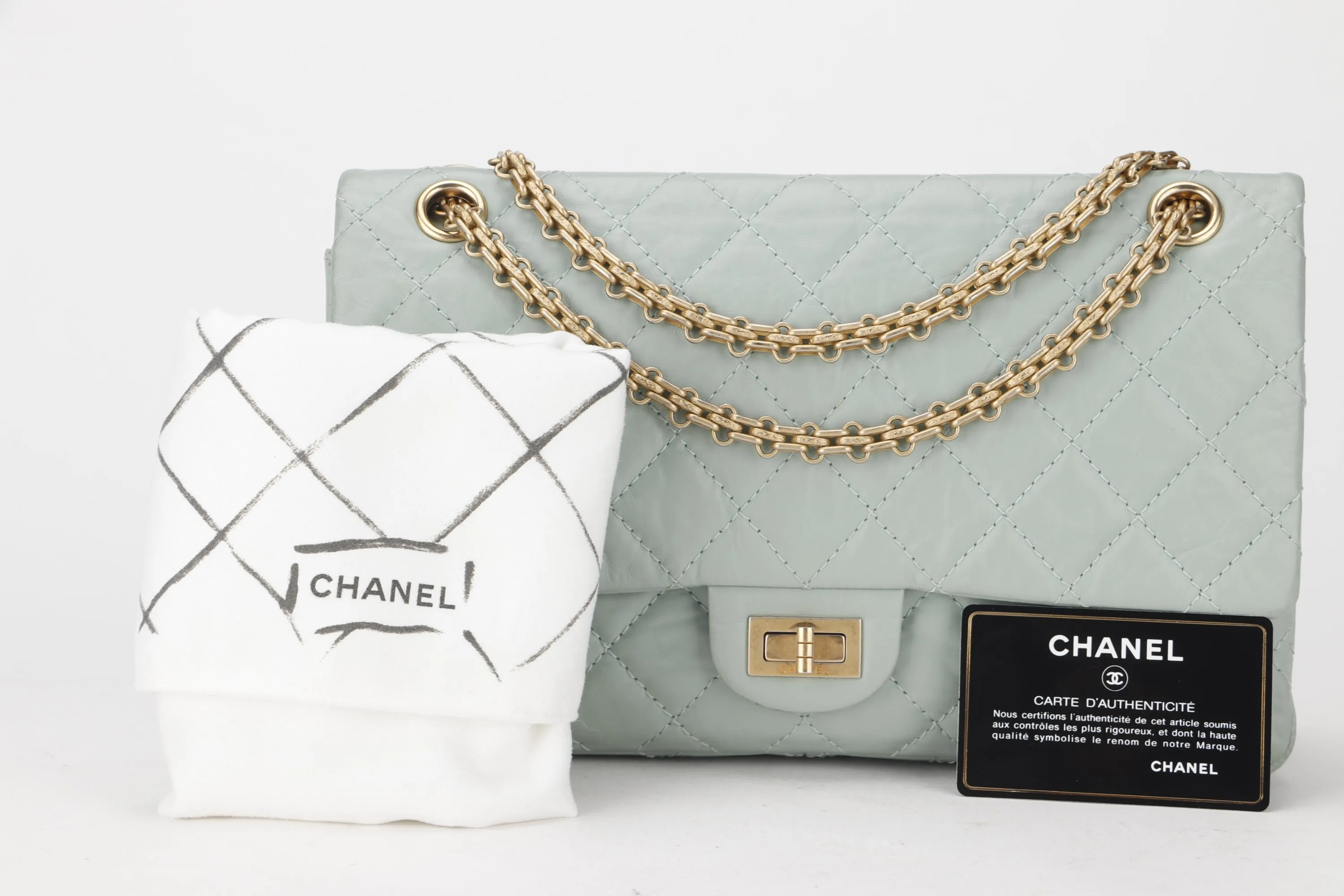 CHANEL REISSUE 227 (2539xxxx) MINT GREEN CALFSKIN GOLD HARDWARE, WITH CARD, DUST COVER & BOX