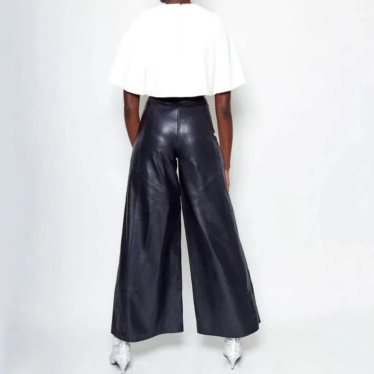 Chic High-Waist PU Leather Bell Bottom Pants with Sleek Pocket Detail